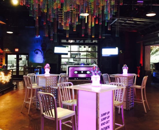 LED up lights-CD-Casset tape-centerpieces-slinky chandelier0DJ surround-custom graphics-90s Theme