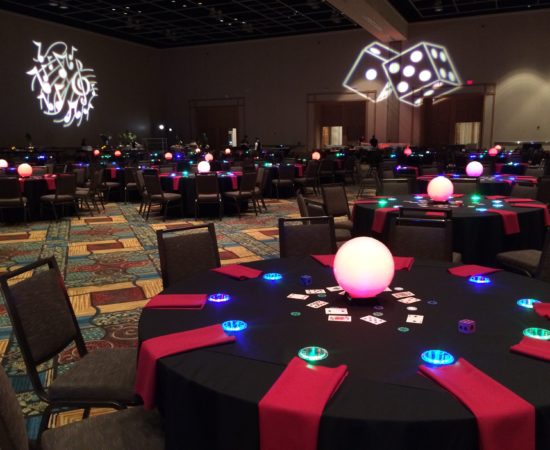 room overview, gobos, glow orb centerpieces